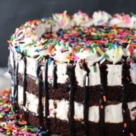 Close up of a cake batter fudge brownie ice cream cake on a white platter with lots of sprinkles.