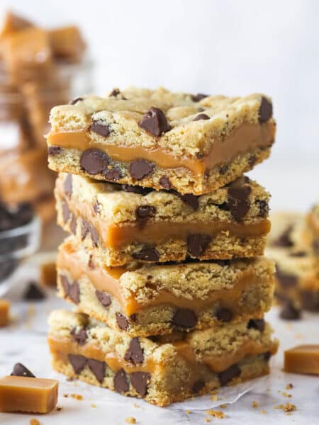 A stack of four caramel cookie bars