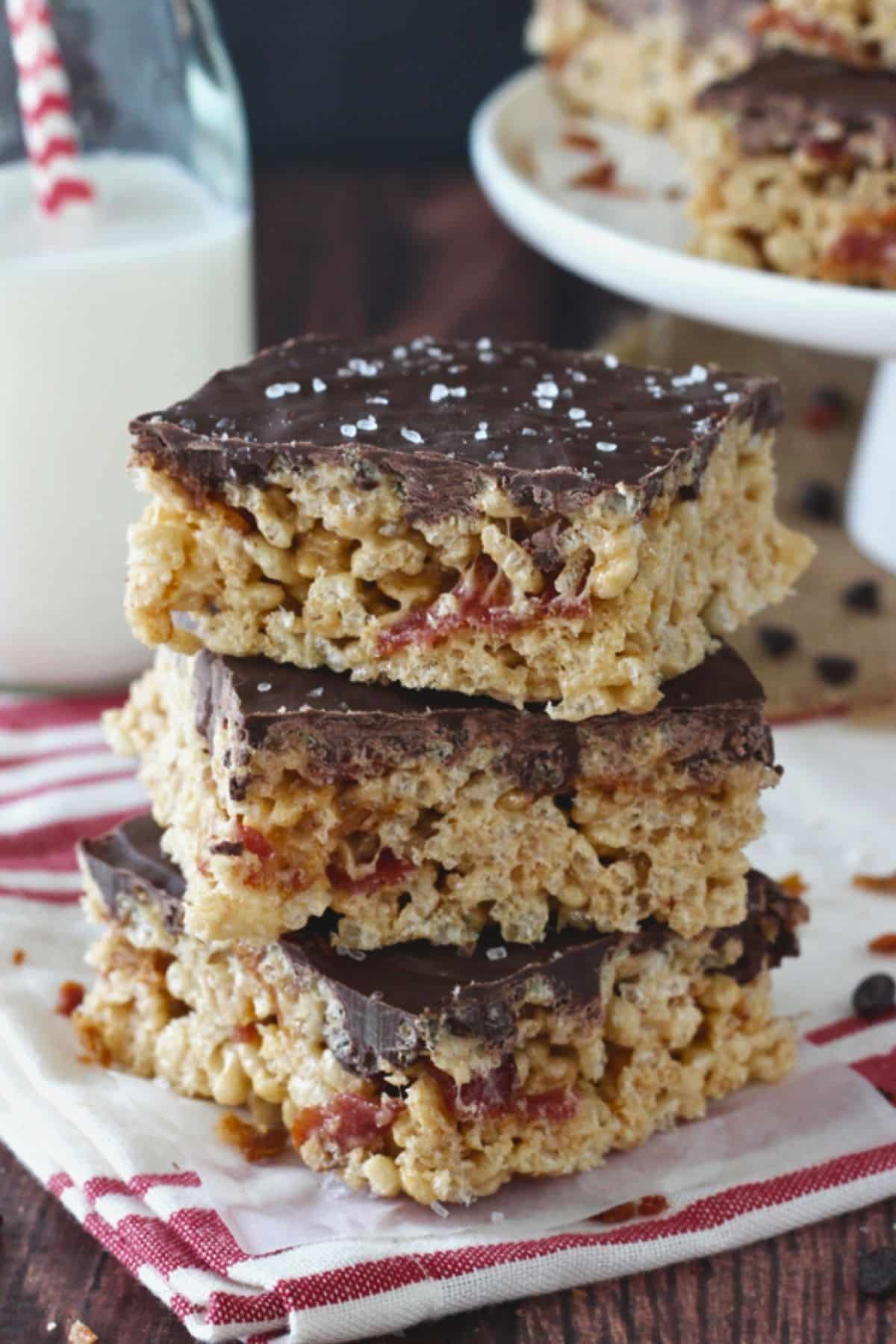 A stack of three maple bacon rice krispie treats.