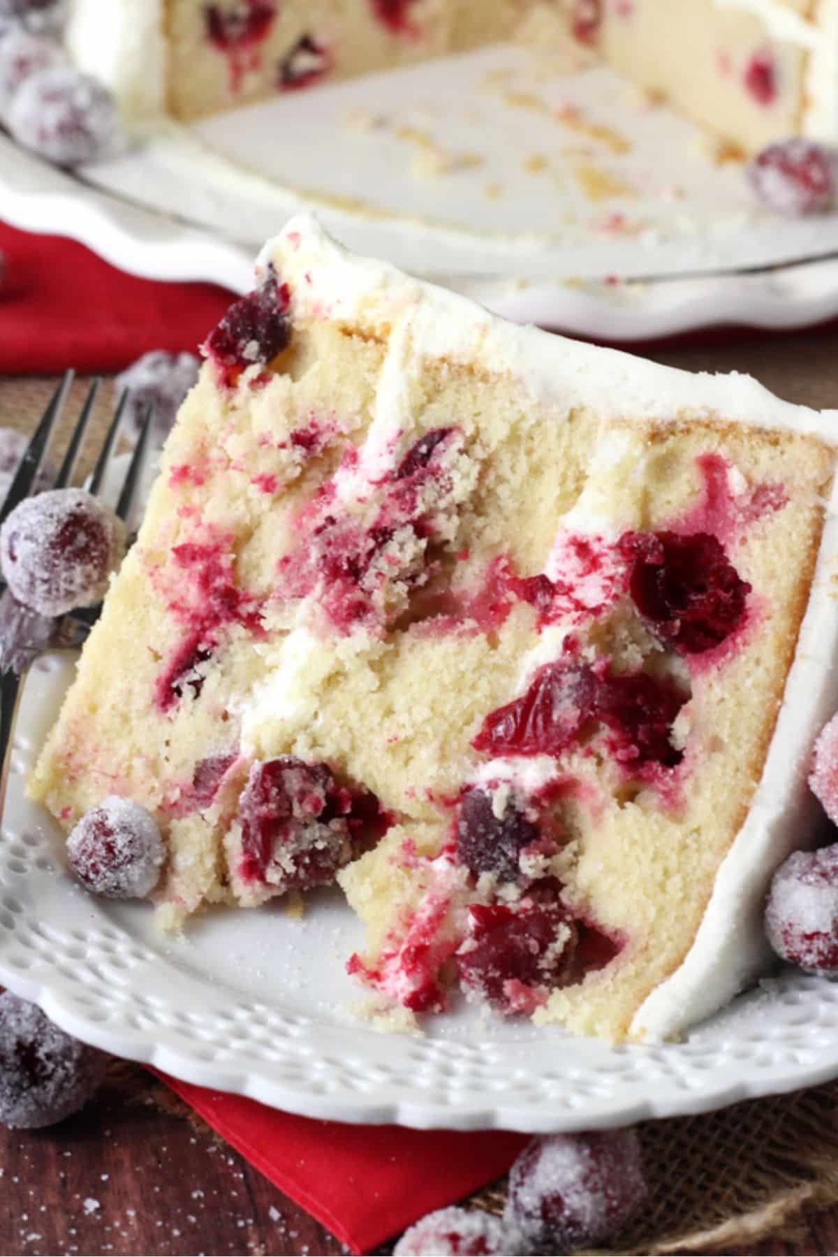 A slice of white chocolate cranberry cake on a white plate.
