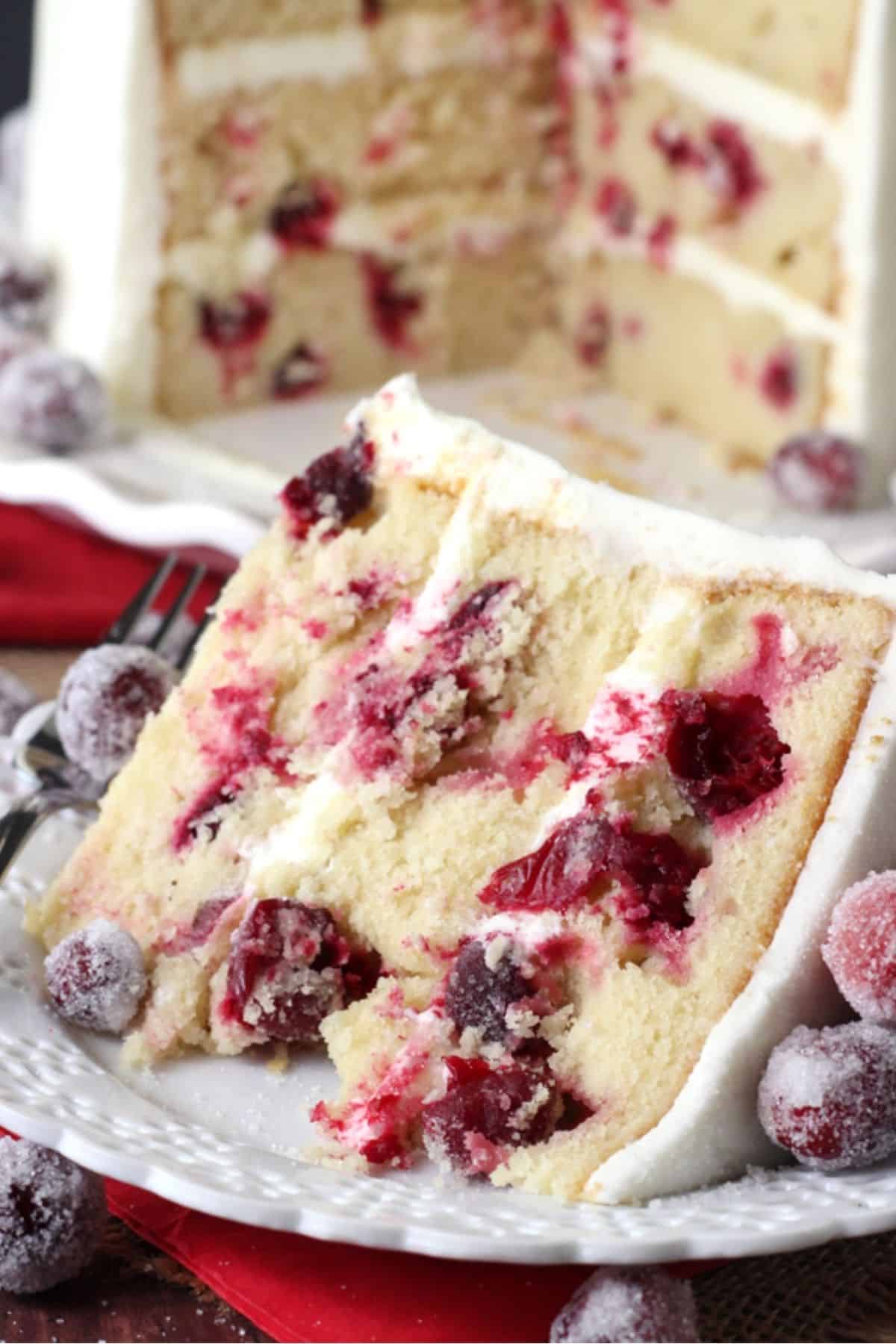 A slice of white chocolate cranberry cake on a white plate.