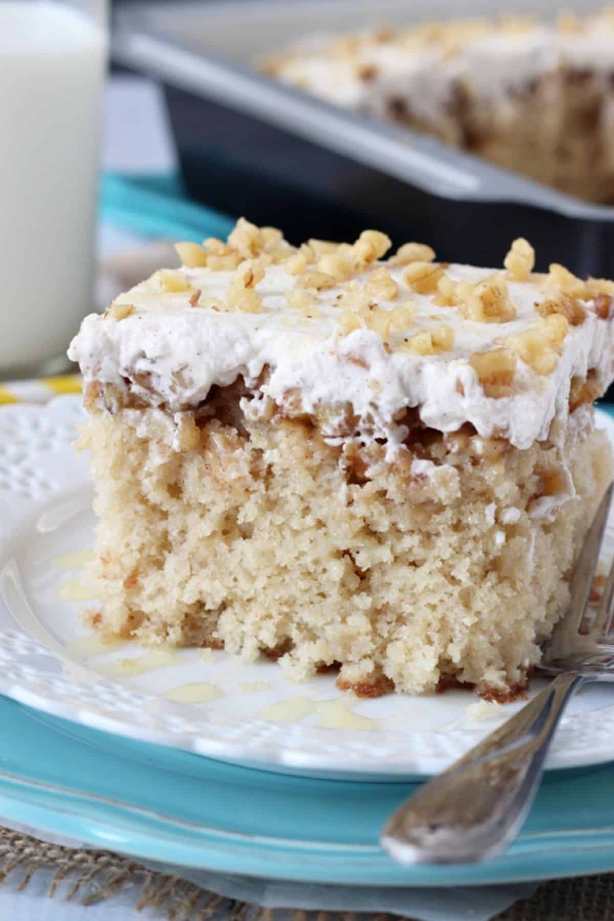 Close up of the side of a slice of baklava poke cake.