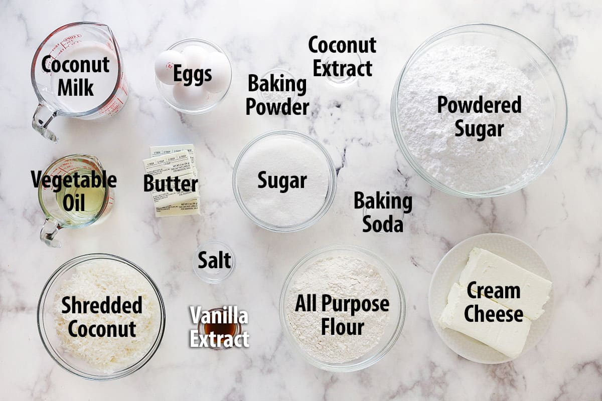 Overhead view of ingredients needed to make coconut cake