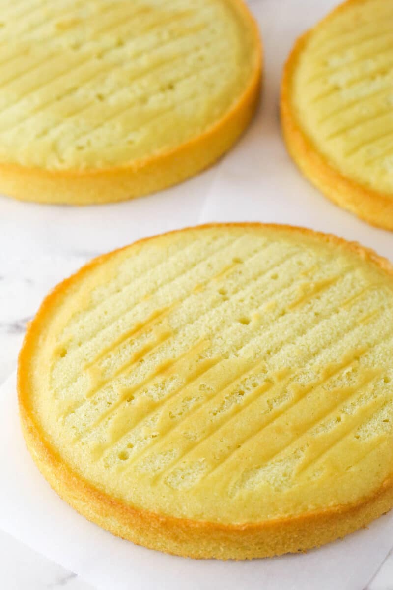 baked cake layers on marble counter