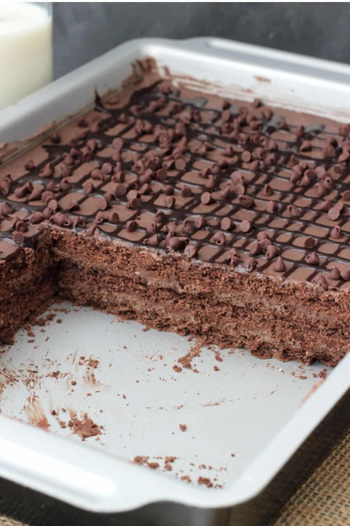 Death by Chocolate Icebox Cake A death by chocolate icebox cake in a baking ban with slices removed to show layers.