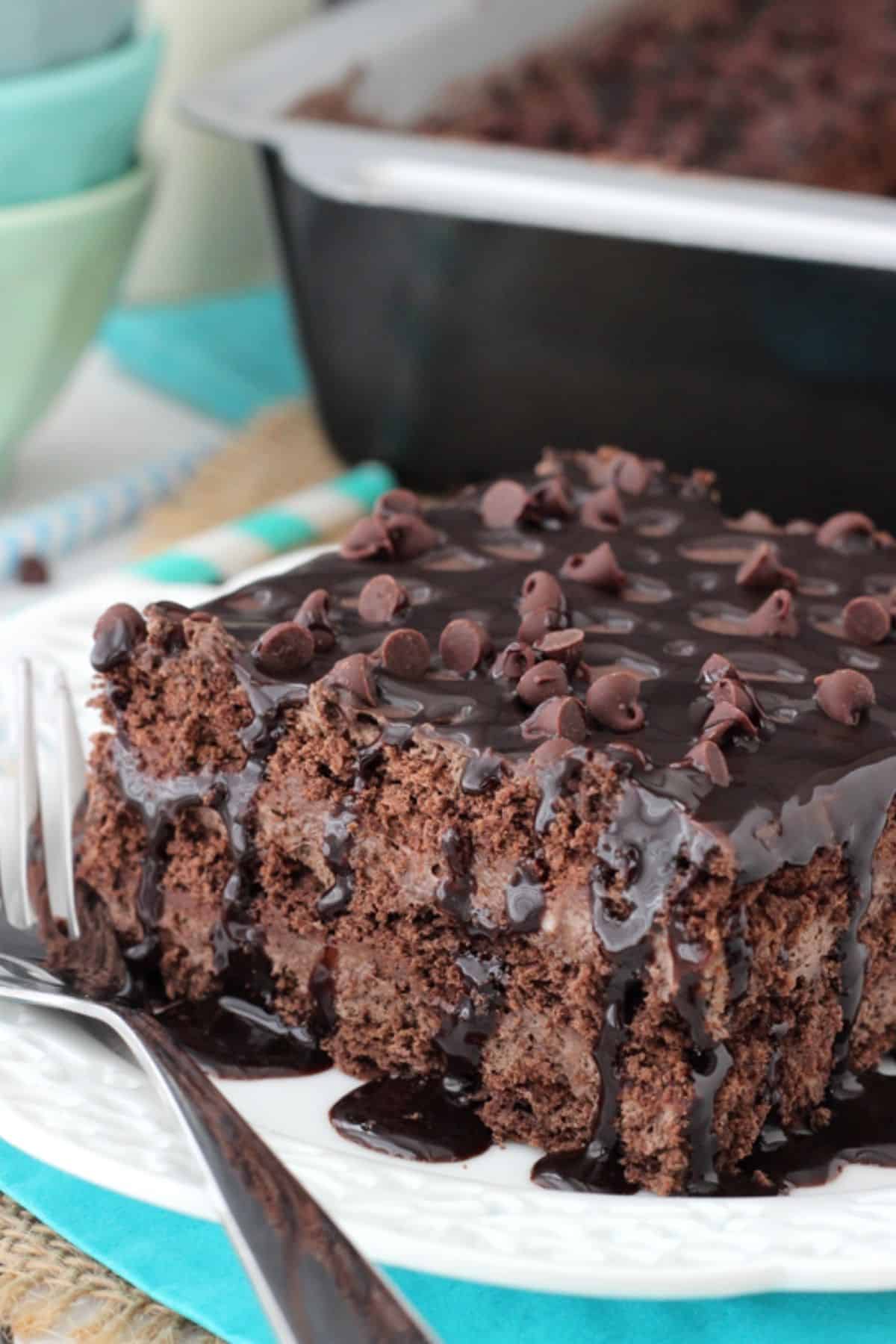 Death by Chocolate Icebox Cake Close up of a slice of death by chocolate icebox cake on a small white plate.