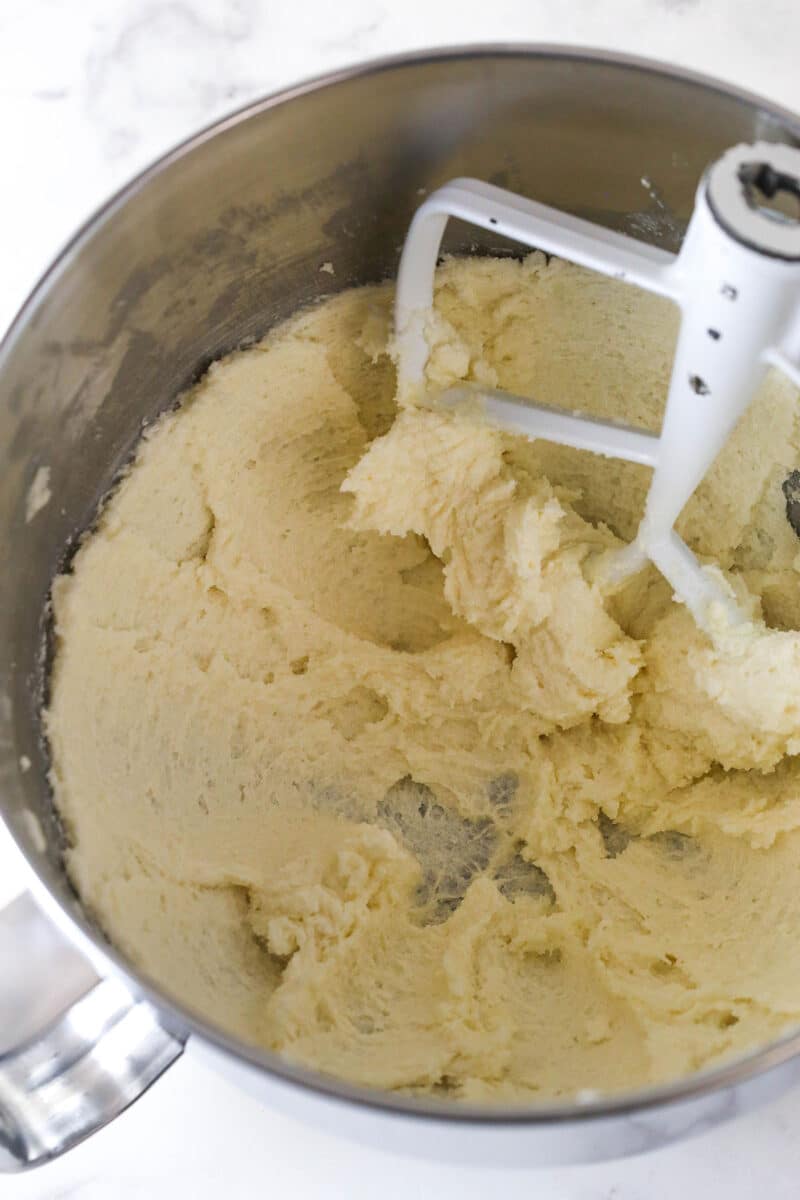 Creamed butter and sugar in a mixing bowl