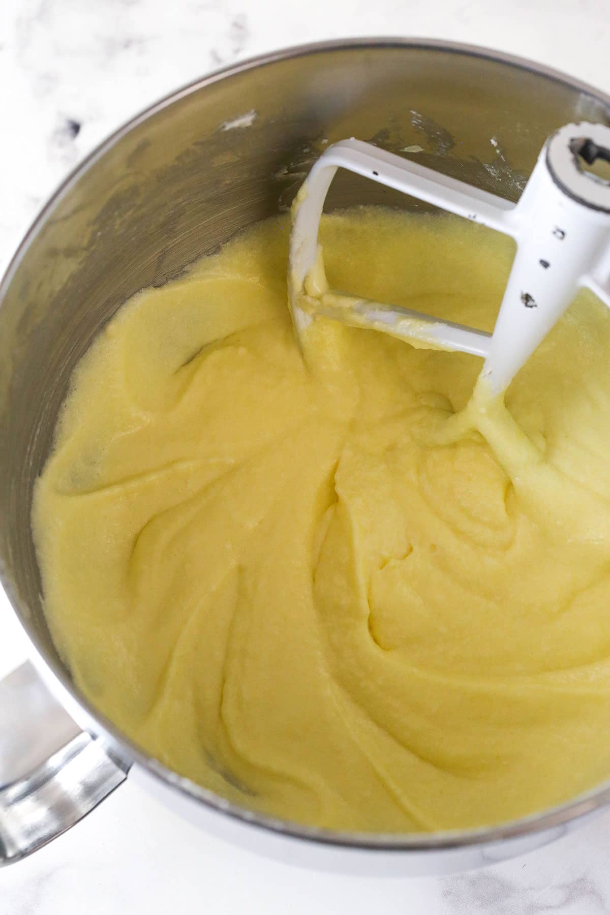 Wet cake ingredients in a mixing bowl