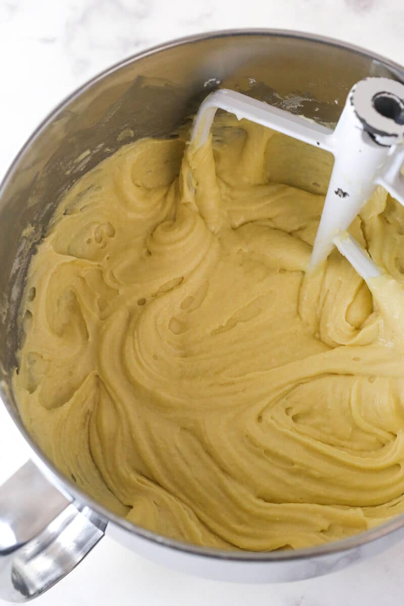 Cake batter in a mixing bowl