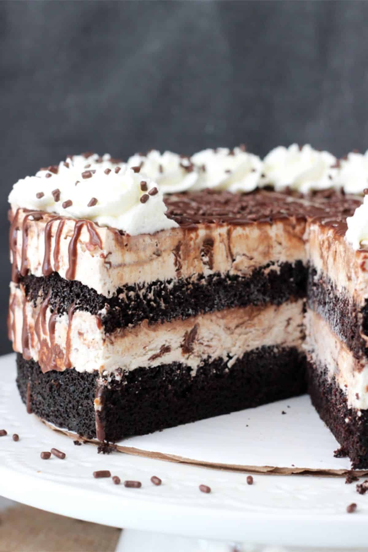 Close up of a hot fudge swirl ice cream cake with a few slices removed to show layers.