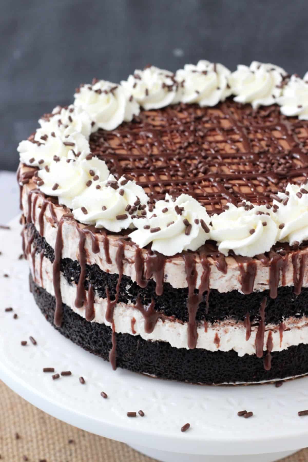 Close up of a hot fudge swirl ice cream cake on a white cake plate.