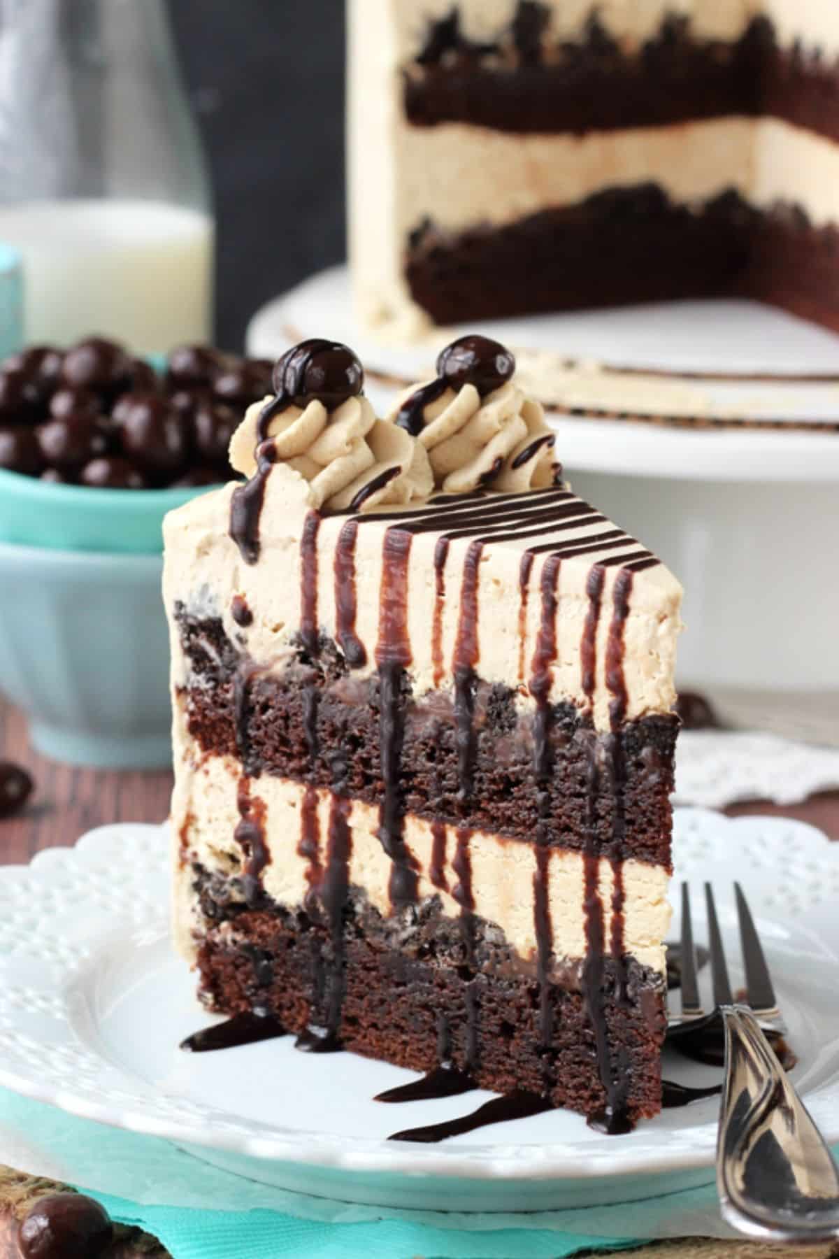 A slice of mocha brownie ice cream cake on a small white plate.