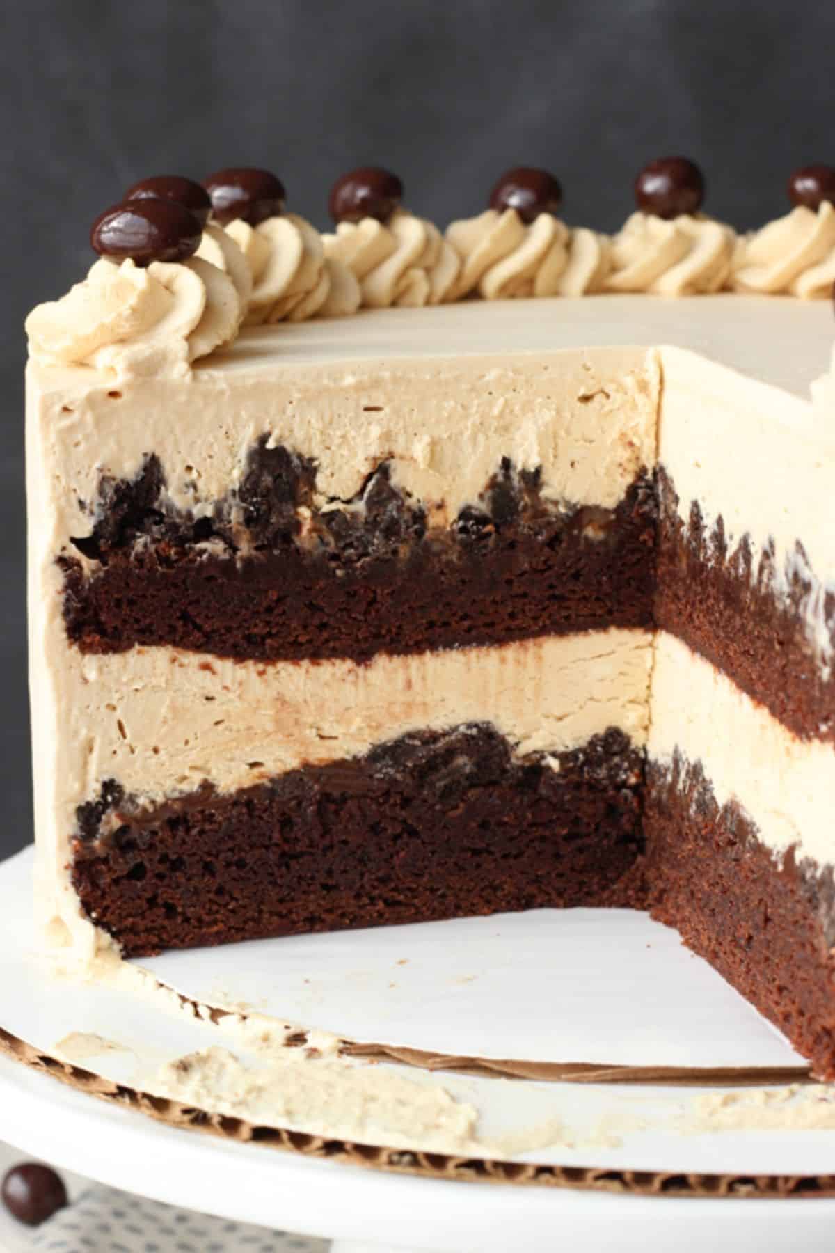 Close up of a mocha brownie ice cream cake with several slices removed to show interior layers.