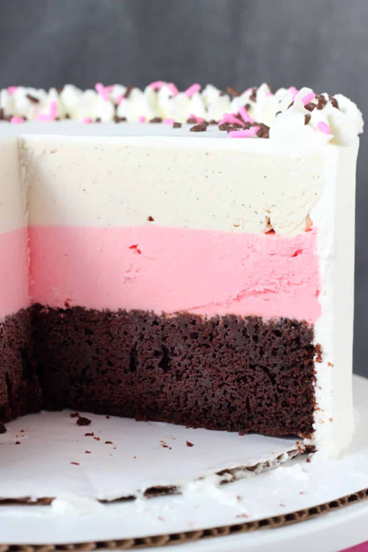 Close up of a neapolitan ice cream cake with slices removed to show internal layers.