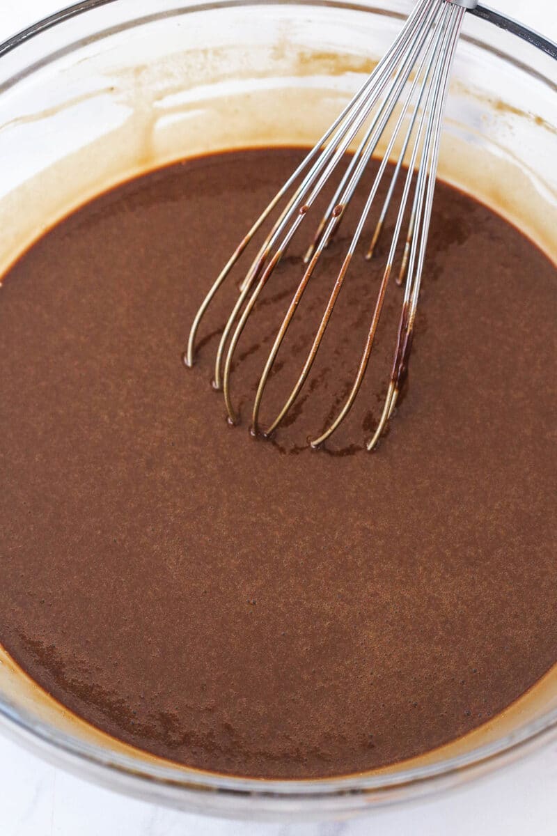 These peanut butter chocolate cupcakes are all about the classic flavor combo, with peanut butter buttercream on moist cupcakes. Chocolate cupcake batter in a mixing bowl
