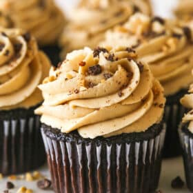 Close up of peanut butter chocolate cupcakes