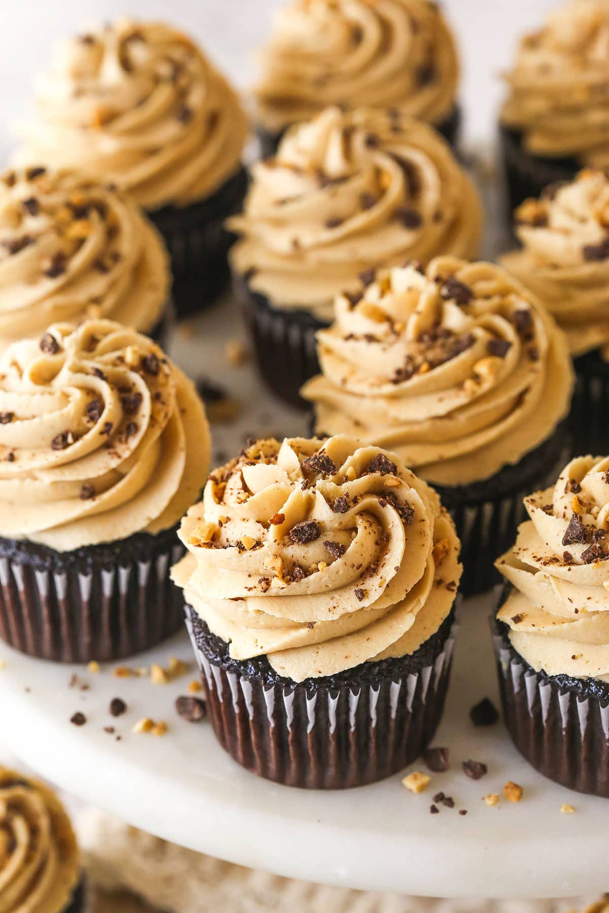 These peanut butter chocolate cupcakes are all about the classic flavor combo, with peanut butter buttercream on moist cupcakes. Overhead view of peanut butter chocolate cupcakes