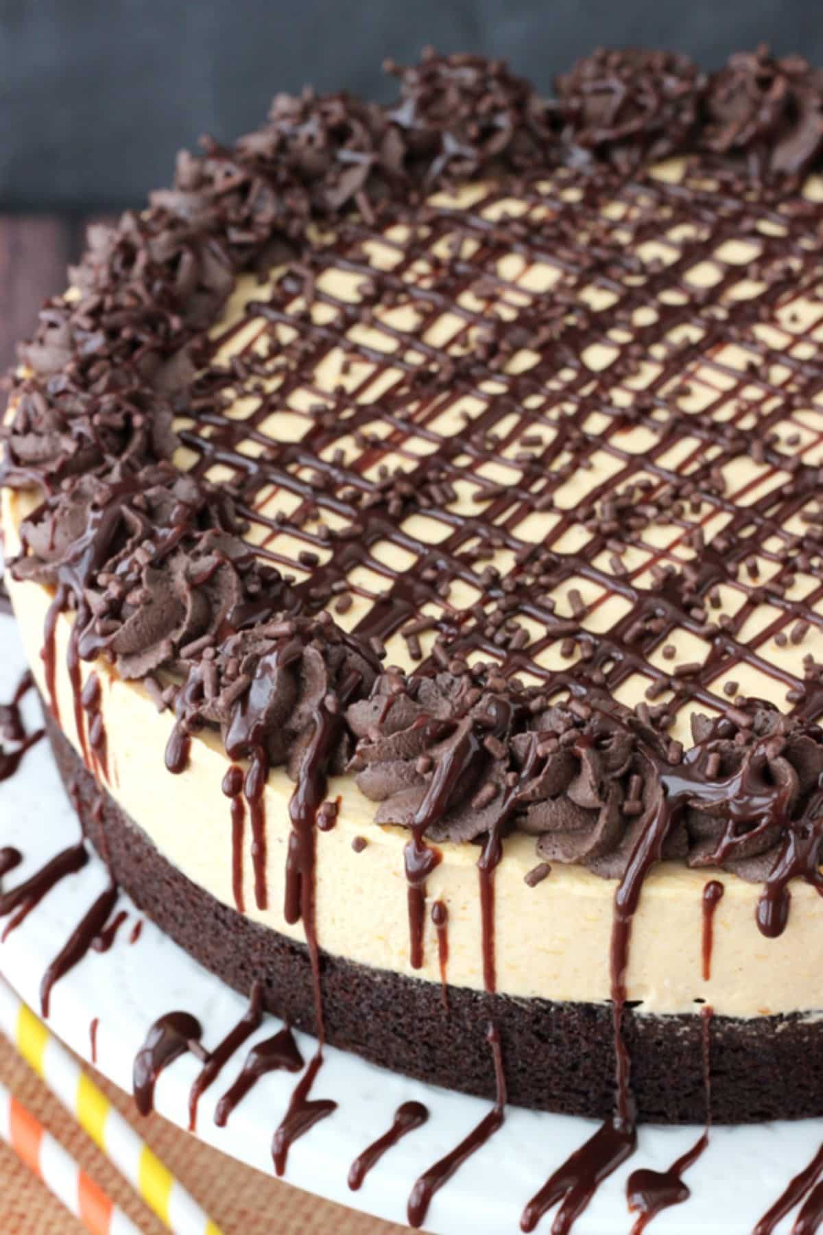 Close up of the top and side of a pumpkin chocolate brownie cheesecake drizzled with chocolate sauce.