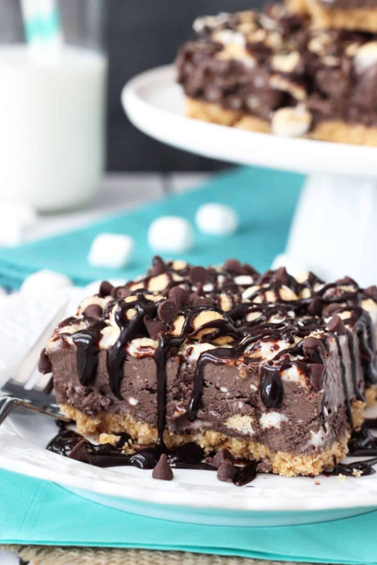 A slice of s'mores ice cream bars on a small white plate.