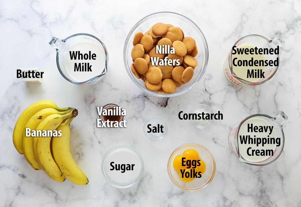 This copycat Magnolia Bakery Banana Pudding is made completely from scratch and mirrors the texture and flavors of the original. Overhead view of ingredients needed to make Magnolia Bakery banana pudding from scratch