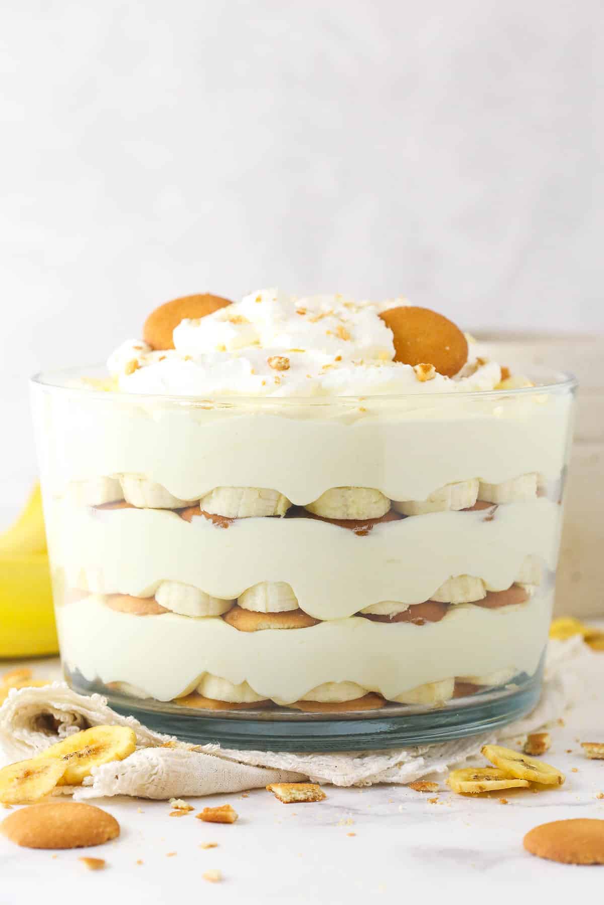 This copycat Magnolia Bakery Banana Pudding is made completely from scratch and mirrors the texture and flavors of the original. Side view of copycat Magnolia bakery banana pudding in a trifle dish
