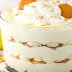 Close up of Magnolia Bakery banana pudding in a trifle bowl