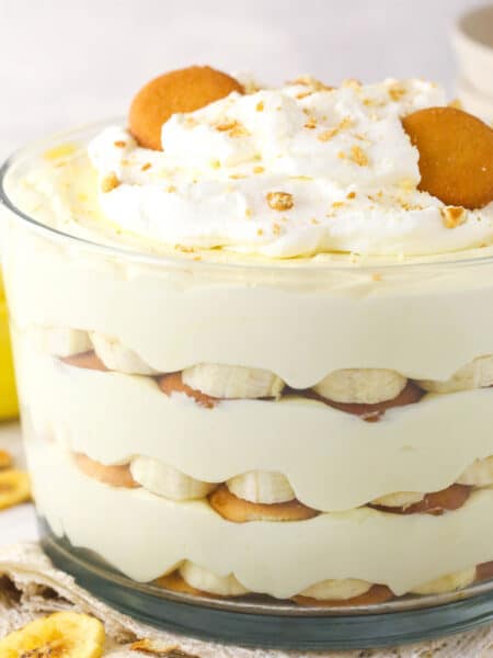 Close up of Magnolia Bakery banana pudding in a trifle bowl