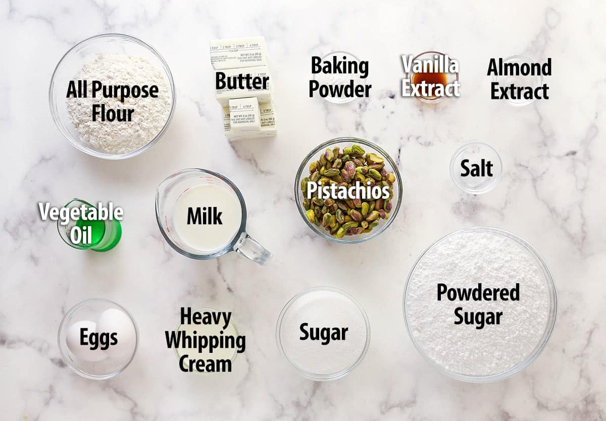 These pistachio cupcakes are full of real pistachios in the cupcakes and the buttercream, giving them their beautiful color and nutty flavor. Overhead view of ingredients needed to make pistachio cupcakes