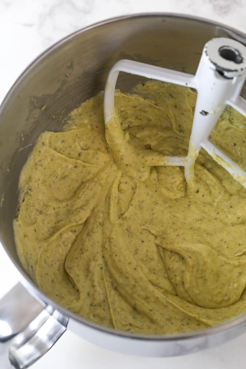 These pistachio cupcakes are full of real pistachios in the cupcakes and the buttercream, giving them their beautiful color and nutty flavor. Dry ingredients mixed into the batter.