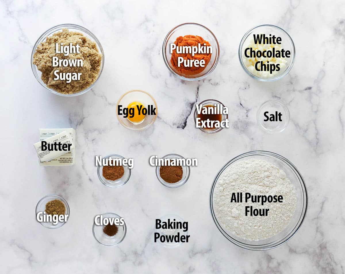 These pumpkin blondies are perfectly soft (but not cakey!) and chewy, dotted with white chocolate chips and full of fall flavors. Overhead view of ingredients needed to make pumpkin blondies