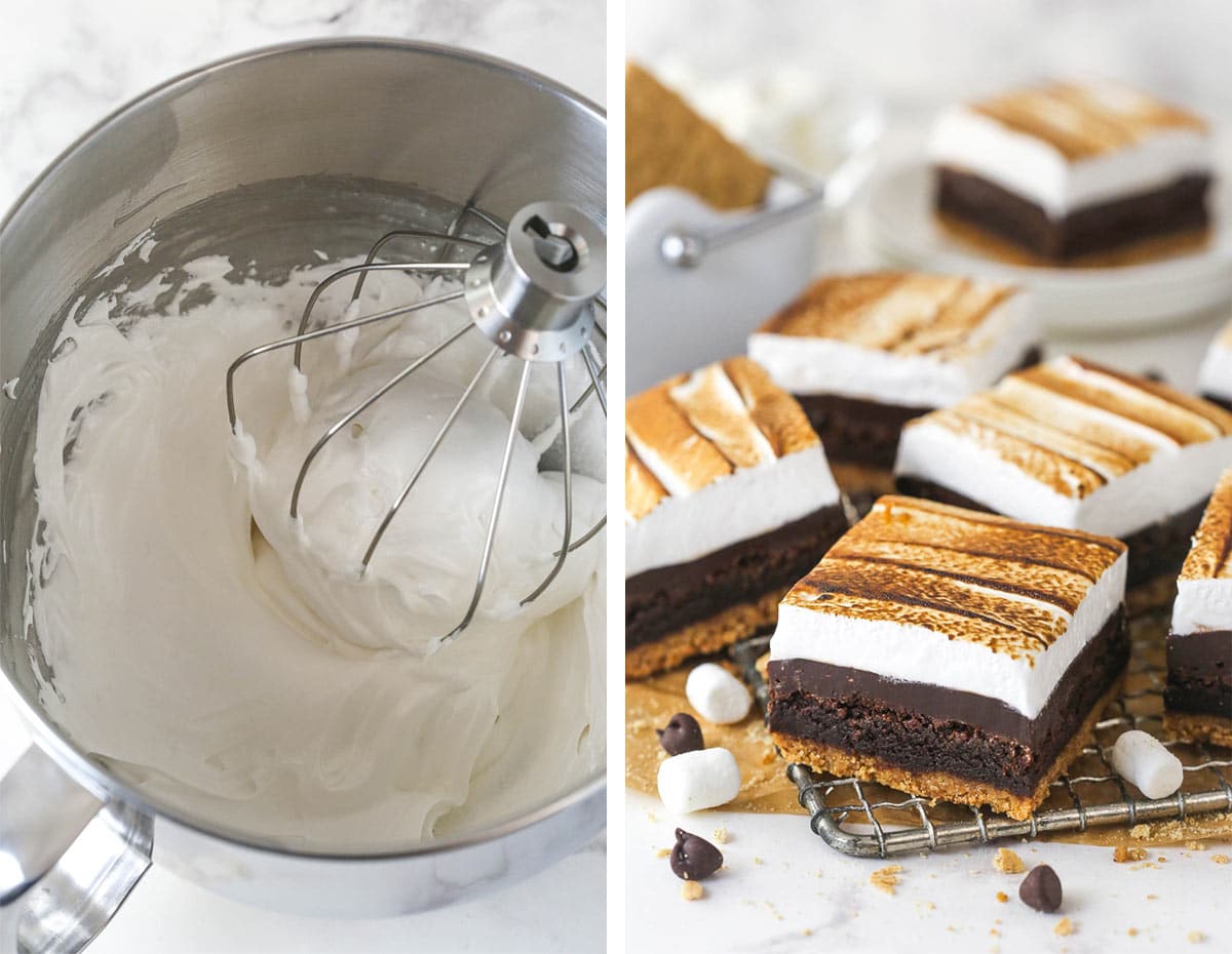 These s'mores brownies have all the classic flavors, with a graham cracker crust, fudgy brownies, ganache, and toasted marshmallows. A mixing bowl of Swiss meringue and a photo showing s'mores brownies topped with Swiss meringue
