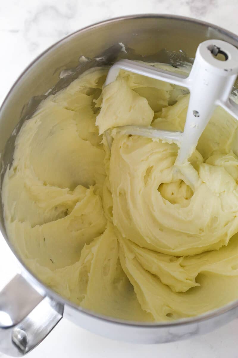 cream cheese, sugar and flour combined in mixing bowl