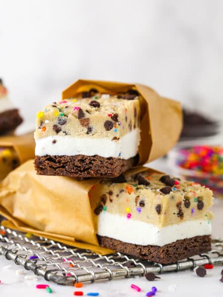 Brownie cookie dough ice cream sandwiches on a plate