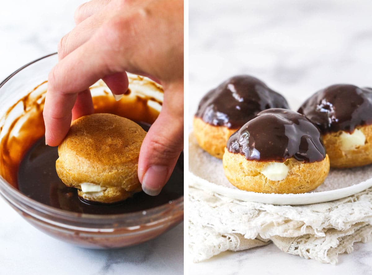 Master making cream puffs fit for a bakery and perfect for sharing with my in-depth tips and step-by-step photos. A hand dipping a cream puff into chocolate glaze and a plate of cream puffs with chocolate glaze on top