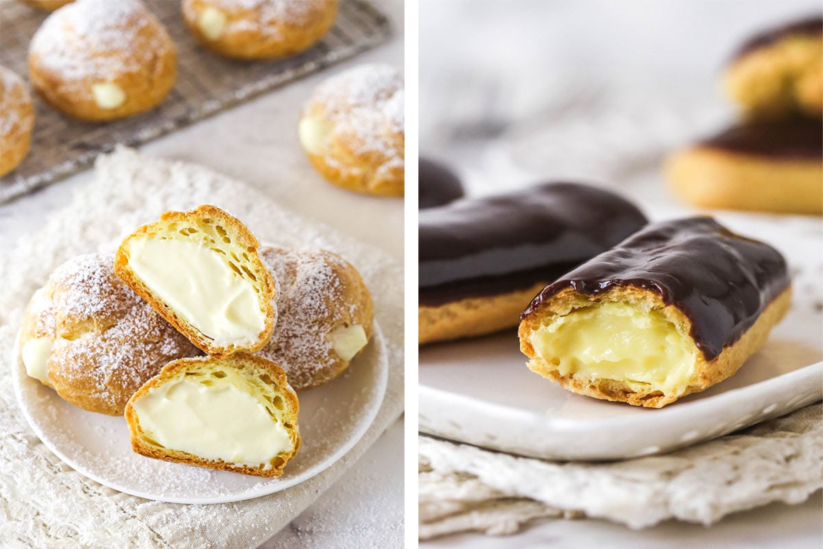 Turn 6 ingredients into the perfect choux pastry base for eclairs, cream puffs, and more with these expert tips. Two side-by-side photos of cream puffs and eclairs