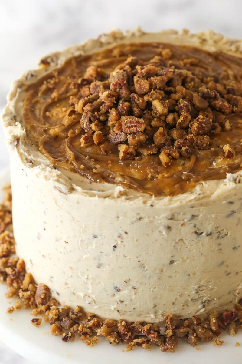 With layers of pumpkin cake, pecan praline crunch, and a caramel buttercream, this pecan praline pumpkin cake is impressive and delicious. Side view of a frosted pecan praline pumpkin cake