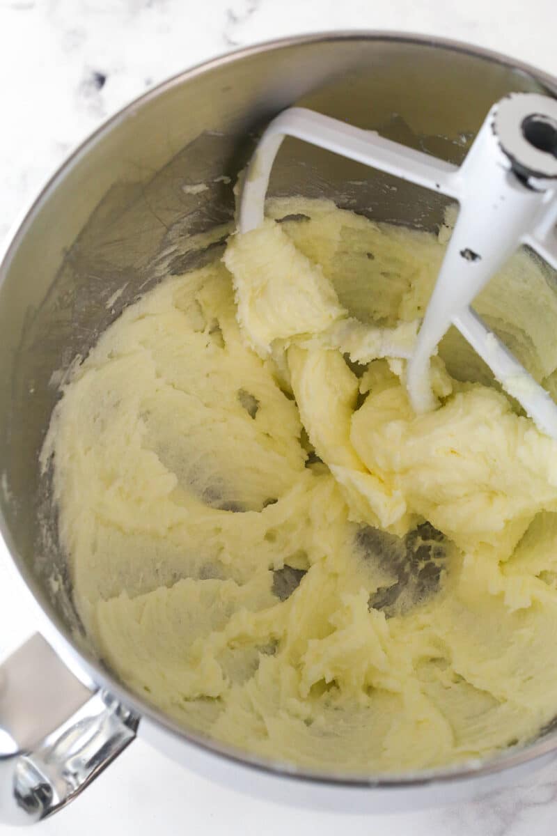 creaming butter and sugar in mixer bowl