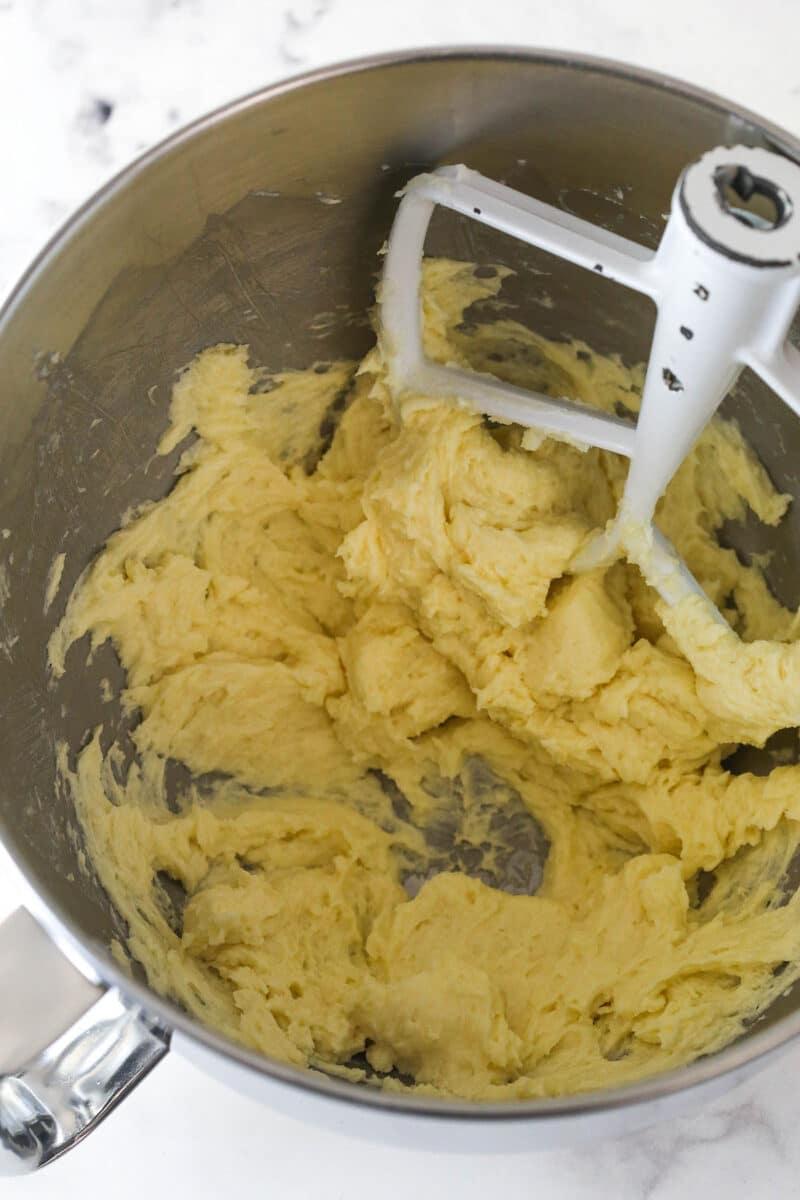 mixture in mixing bowl after adding egg and vanilla