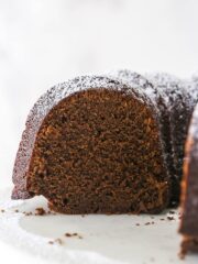 Closeup of chocolate pound cake with a bite taken out of it.