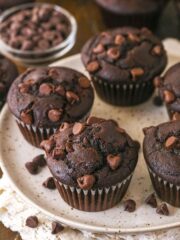 Chocolate muffins on a plate.