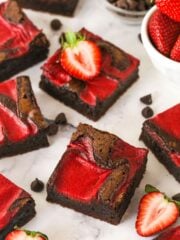Overhead view of strawberry brownies on the countertop