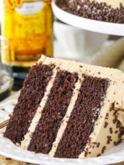 A slice of Kahlua coffee chocolate layer cake.