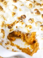 A warm sweet potato casserole topped with gooey toasted marshmallows inside of a white baking dish