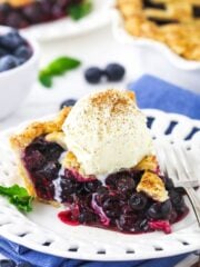 A piece of blueberry pie with a scoop of vanilla ice cream and a sprinkle of cinnamon on top